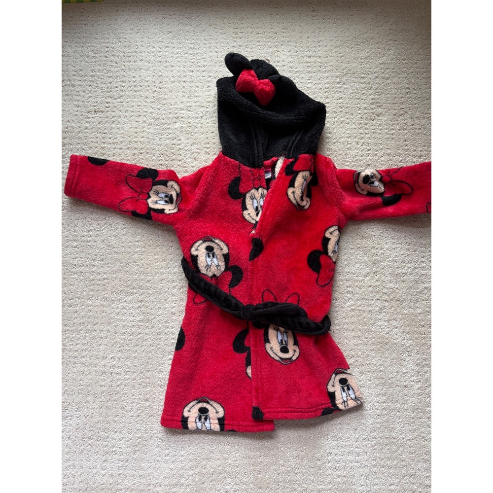 Disney Minnie Mouse Robe 2T/3T Red Fleece Hooded Ears Bow Cozy